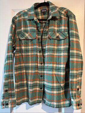 Patagonia Teal, Orange & Cream Plaid Flannel Shirt